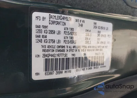 2000 Dodge Grand Caravan Se z USA, uszkodzony, nr VIN 2B4GP44G1YR777181